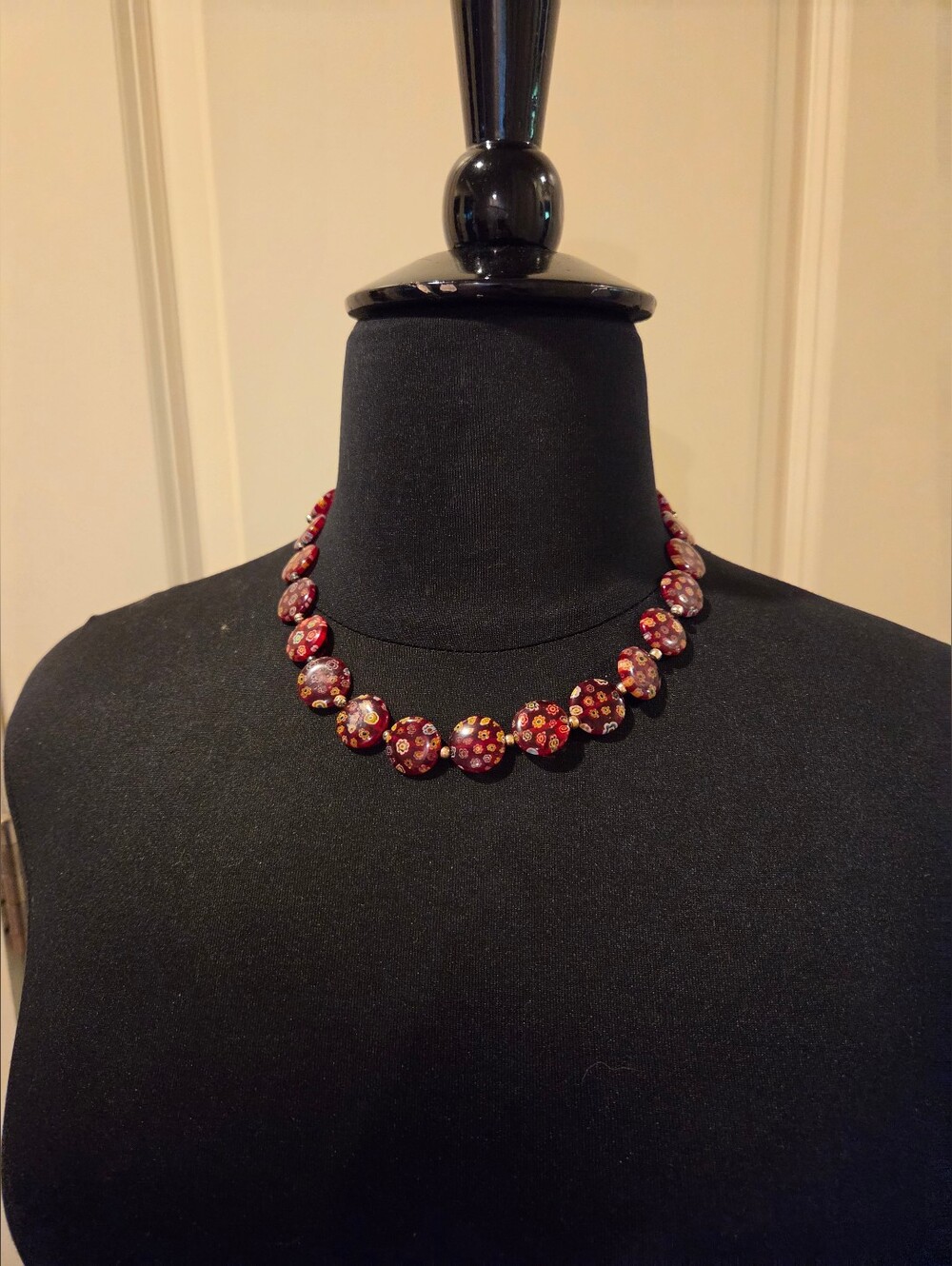Art Glass Red Floral Millefiori Glass 20-Bead Necklace - Unbranded
